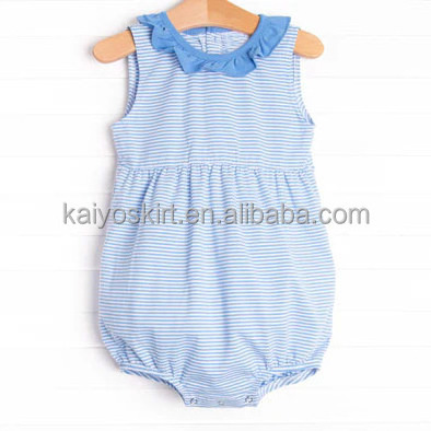 2023 new arrival ruffle neck baby onesie sleeveless blue and white stripes matching sets toddler girls dresses