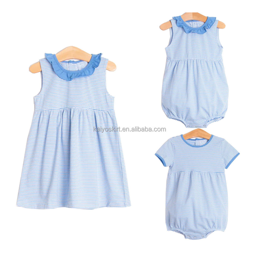 2023 new arrival ruffle neck baby onesie sleeveless blue and white stripes matching sets toddler girls dresses