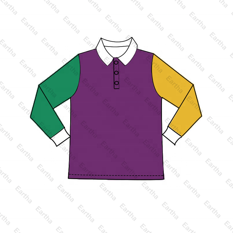 wholesale 95%cotton Long Sleeve Mardi Gras Kids Purple, Green & Gold  Polo Shirt baby boys shirts