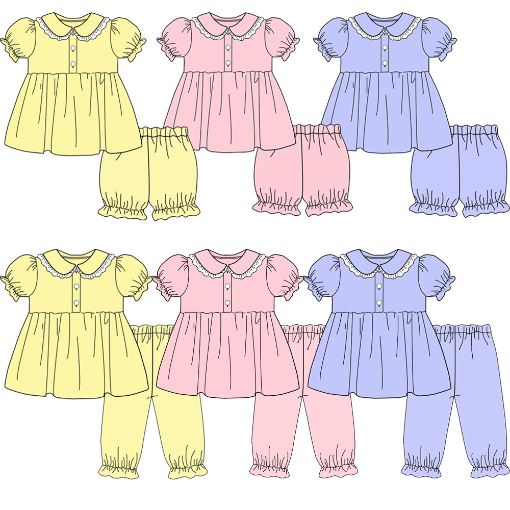 2023 summer outfit wholesale boutique toddler girls clothing sets puffy sleeve smocked kids little girls outfits