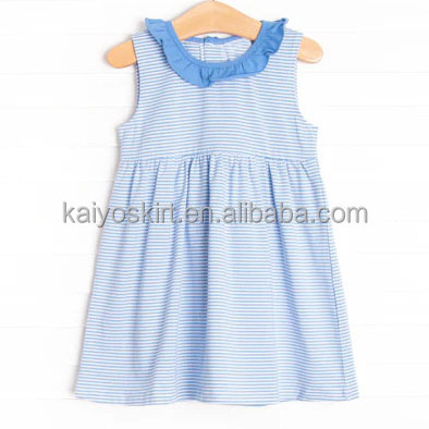 2023 new arrival ruffle neck baby onesie sleeveless blue and white stripes matching sets toddler girls dresses