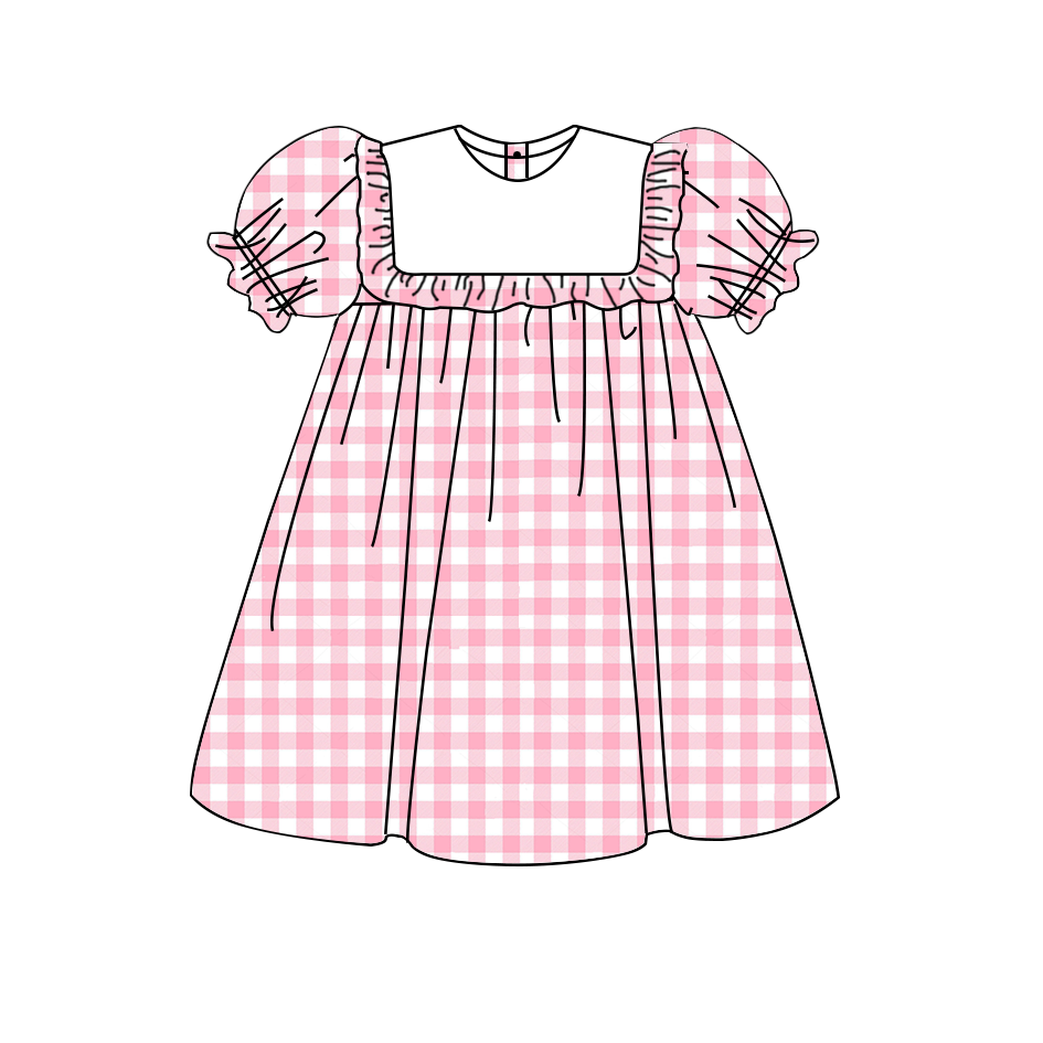 Summer fashion dresses 95%cotton  plaid frill smocked pink dress custom  kids girl gingham dress for girls Easter