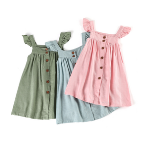 NO MOQ Stock 2022 boutique flutter sleeve linen dress summer sweet pink baby girls dresses 2-12