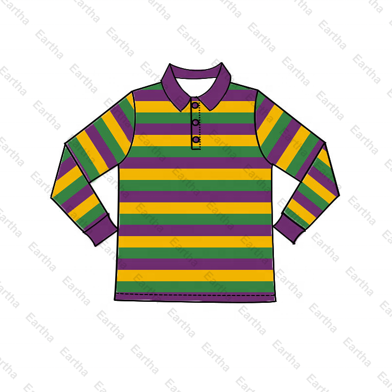 wholesale 95%cotton Long Sleeve Mardi Gras Kids Purple, Green & Gold  Polo Shirt baby boys shirts