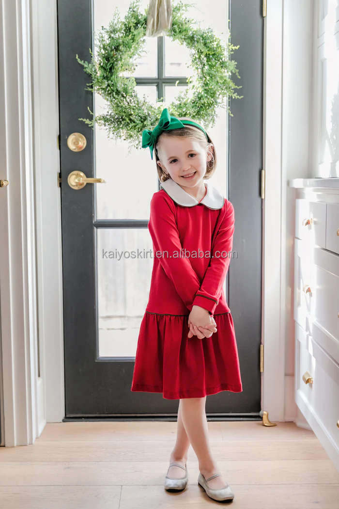 2023 girl christmas dress for kids peter pan collar red full sleeve winter kids party dress