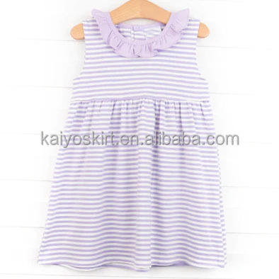 2023 new arrival ruffle neck baby onesie sleeveless blue and white stripes matching sets toddler girls dresses