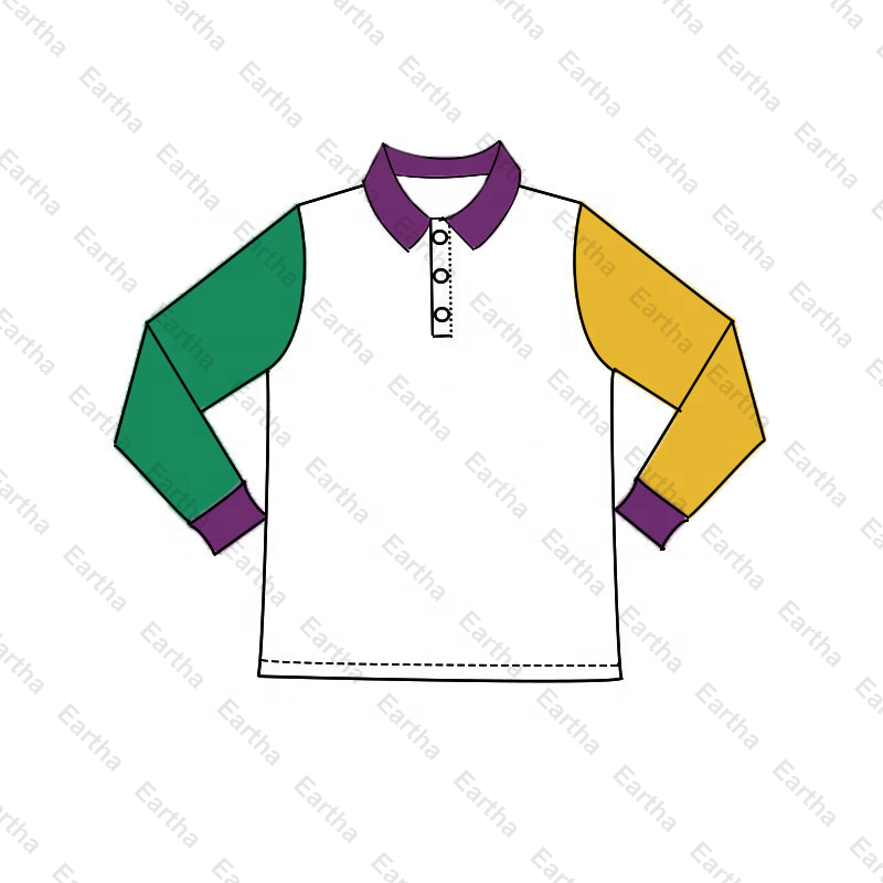 wholesale 95%cotton Long Sleeve Mardi Gras Kids Purple, Green & Gold  Polo Shirt baby boys shirts