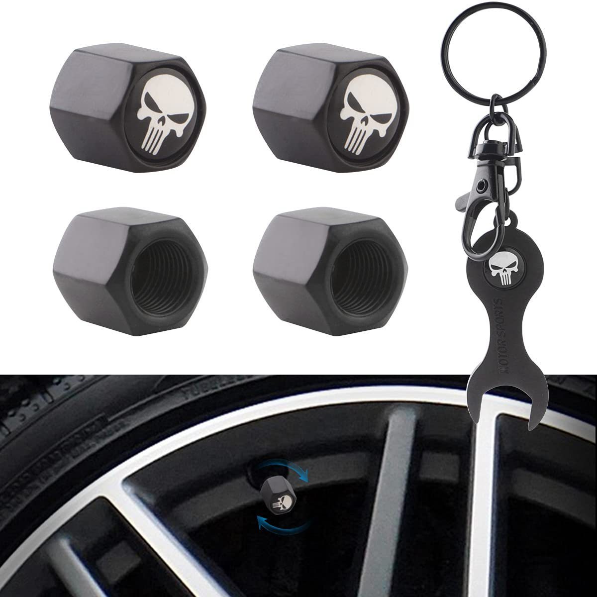 Universal Tire Valve Stem Caps with Logo Emblem (4pcs) Car Tire Valve Stem Air Caps Cover + (1pcs) Wrench Keychain