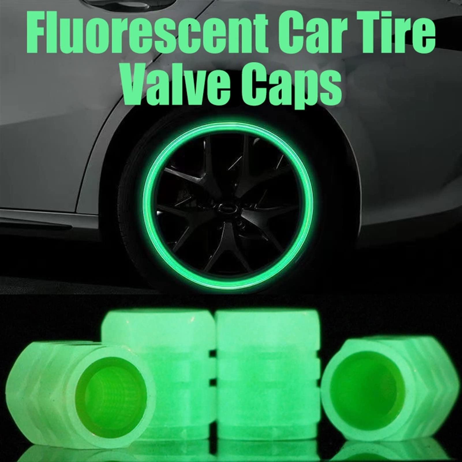 Universal  4pcs Green Noctilucent Light Automobile Tire Valve Stem Caps Glow at Night Compatible with Truck, SUV, Motorcycles, B