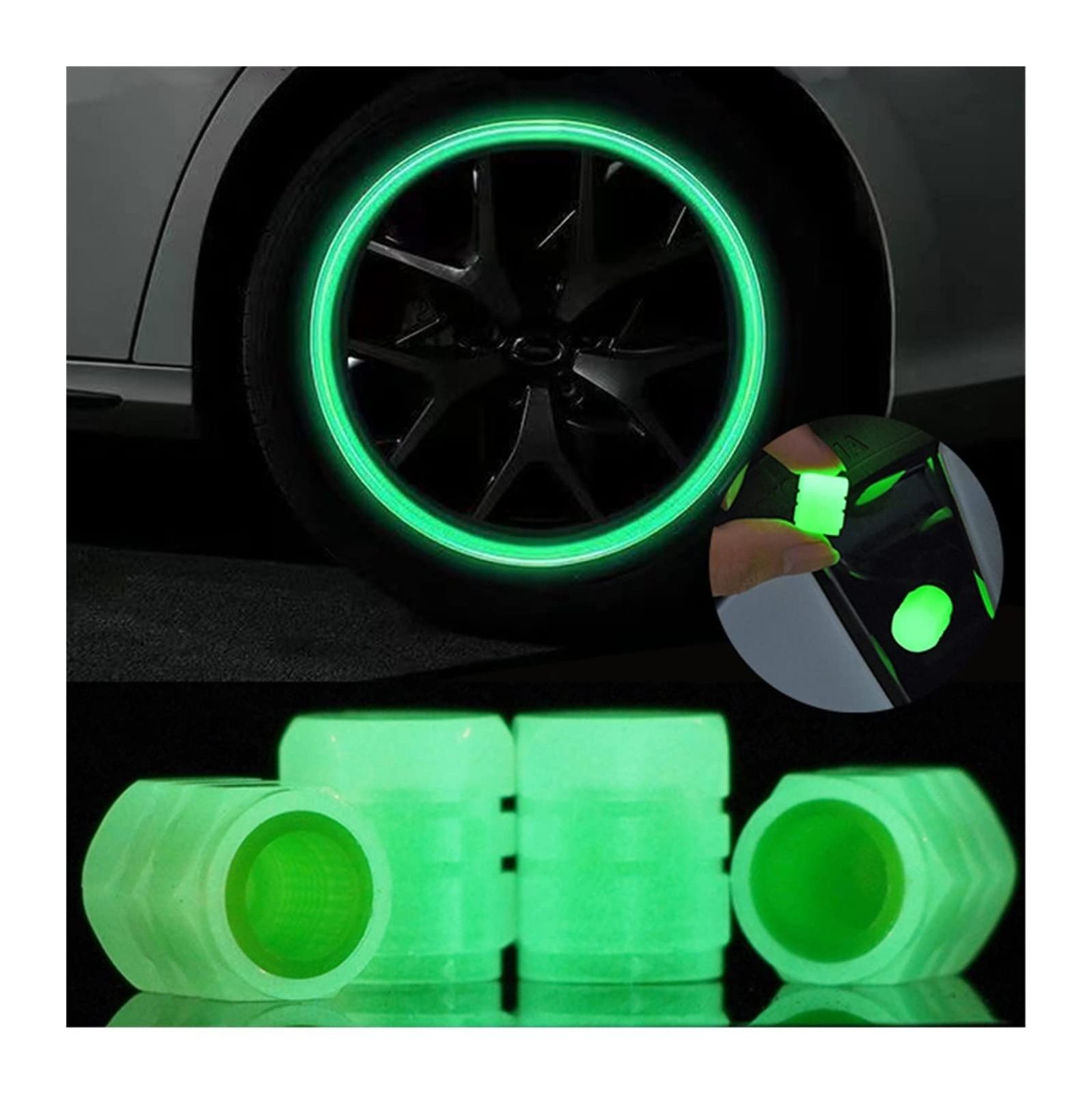 Universal  4pcs Green Noctilucent Light Automobile Tire Valve Stem Caps Glow at Night Compatible with Truck, SUV, Motorcycles, B