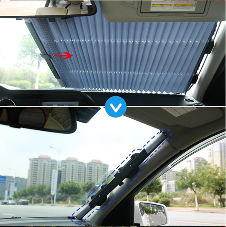 Car Universal Windshield Retractable Sun Shade, Automatic Retractable Front Windshield Sunshade with Suction Cups