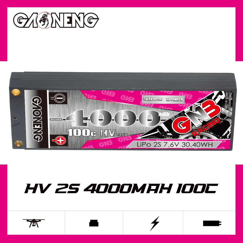 GNB GAONENG 4000MAH 2S HV 7.6V 100C RC LiPo Battery Racing Car Hard Case 5mm 5.0mm bullet 1:10 1/10 scale LiHV High Voltage