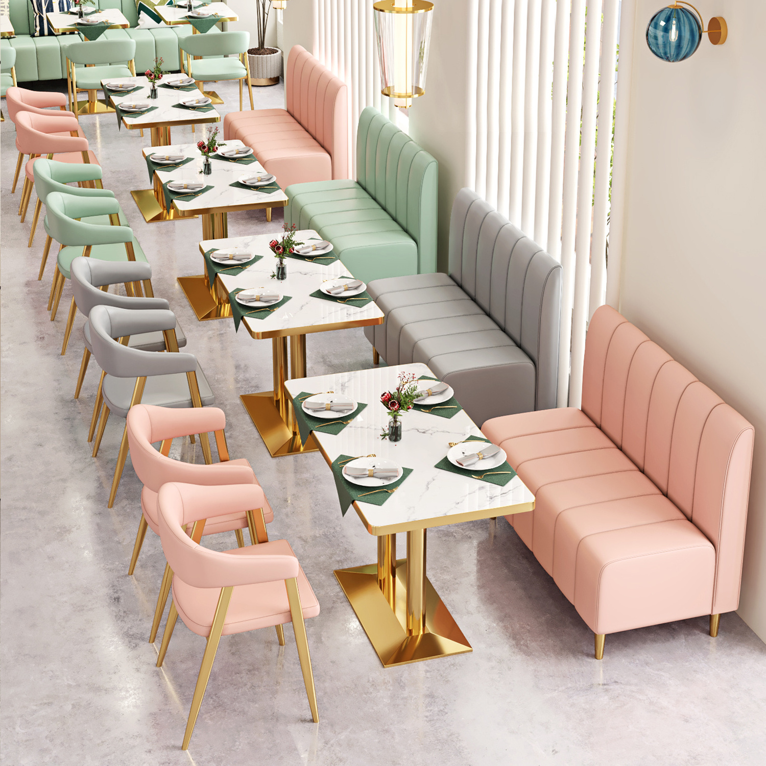 Guangdong Foshan factory coffee shop furniture cafe restaurant tables and chairs marble pattern plywood table