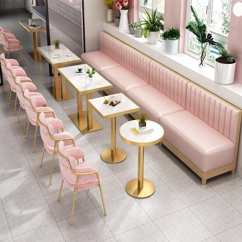 Customize Restaurant Table And Chair Modern Golden Metal Pink Leather Cafe Sofa Booth Seating Bench With  Canteen Sets For Sale