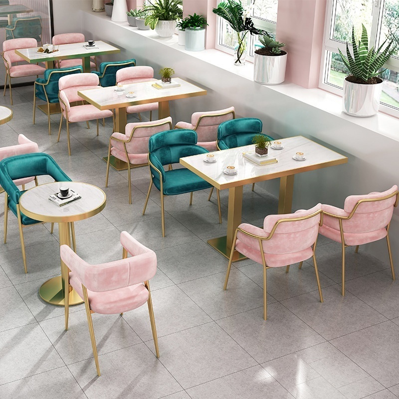 Customize Restaurant Table And Chair Modern Golden Metal Pink Leather Cafe Sofa Booth Seating Bench With  Canteen Sets For Sale