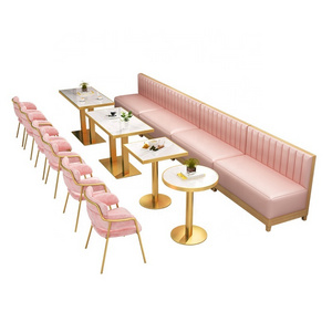 Customize Restaurant Table And Chair Modern Golden Metal Pink Leather Cafe Sofa Booth Seating Bench With  Canteen Sets For Sale