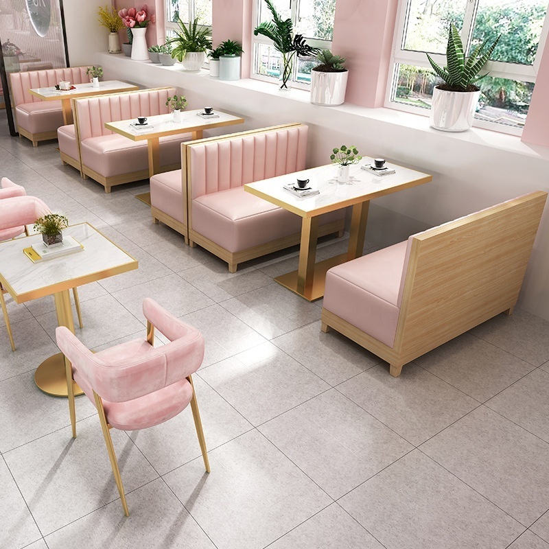 Customize Restaurant Table And Chair Modern Golden Metal Pink Leather Cafe Sofa Booth Seating Bench With  Canteen Sets For Sale