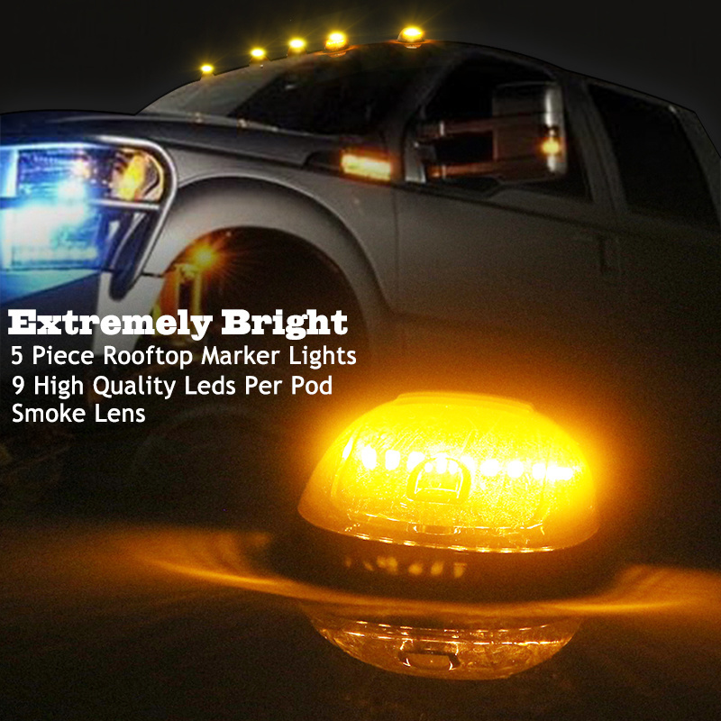 5pcs Smoked Lens Cab Roof Clearance Marker Lamps w/Amber Full Strip LED Lights For Chevy Dodge Ford GMC Heavy Trucks