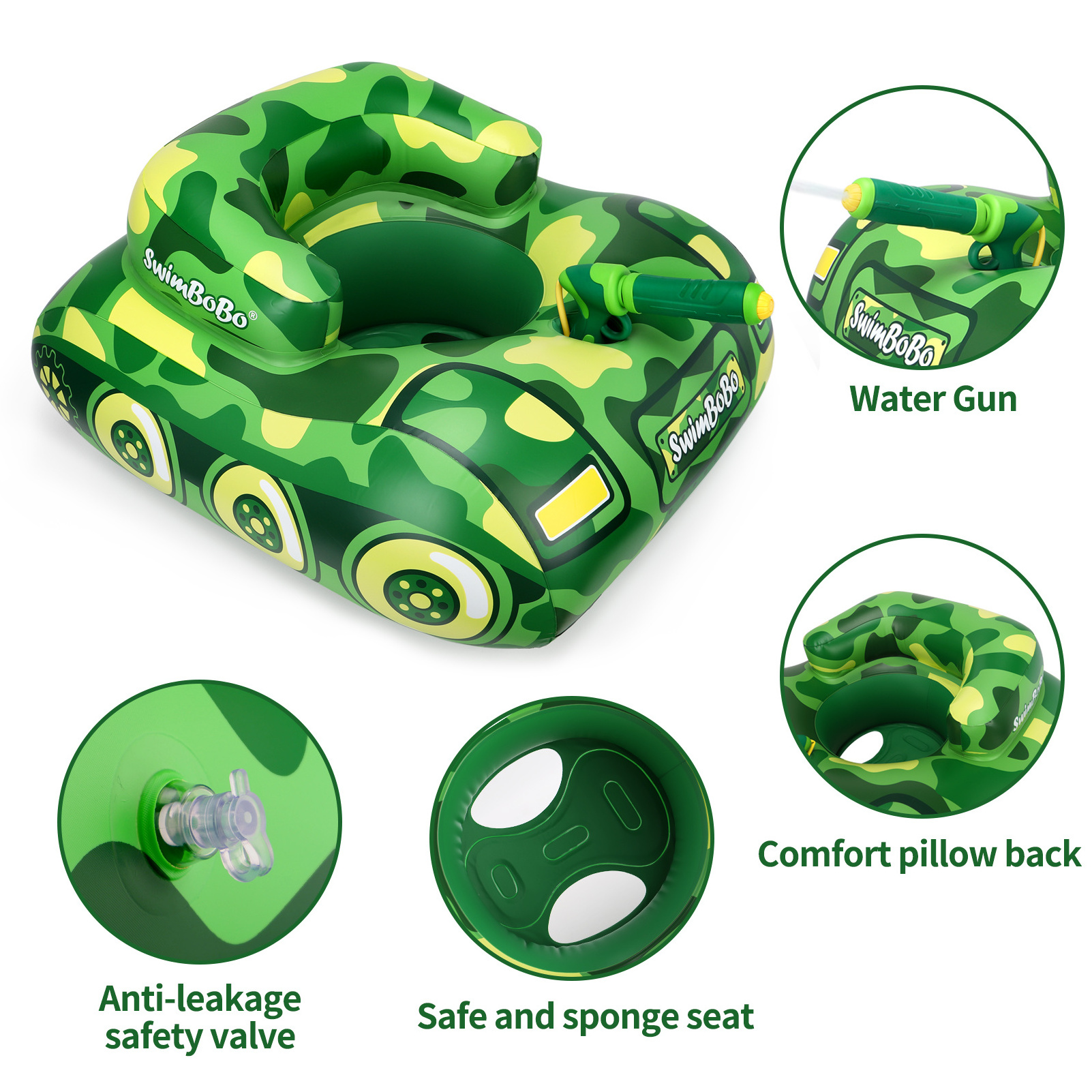 Swimbobo Baby Swim Ring Green Tank Outdoor Summer Play Inflatable Kids Seat Float for Swimming Pool Children