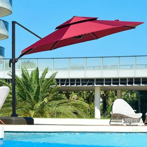 KAKADU Large Roman Parasols 3.5M Outdoor Restaurant Offset Umbrella Aluminum Cantilever with LED Lights for Beach Hotel Use