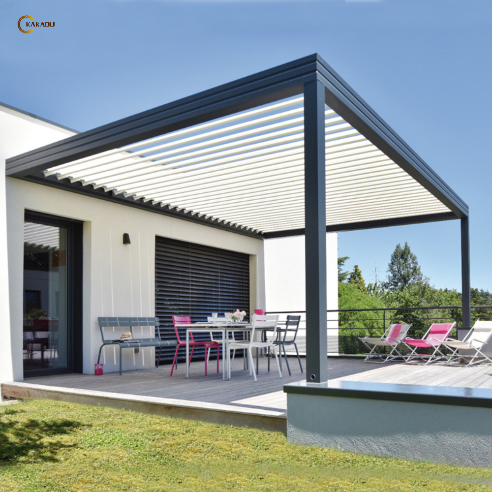 KAKADU Remote Control Electric Aluminum Pergola Louver Garden Gazebo in Black Grey White for Swimming Pool 1 Set