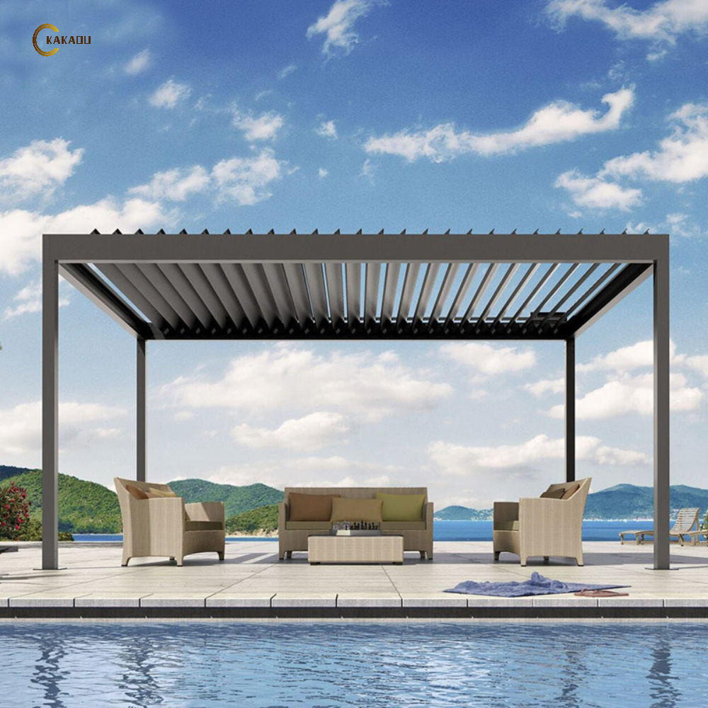 KAKADU Remote Control Electric Aluminum Pergola Louver Garden Gazebo in Black Grey White for Swimming Pool 1 Set