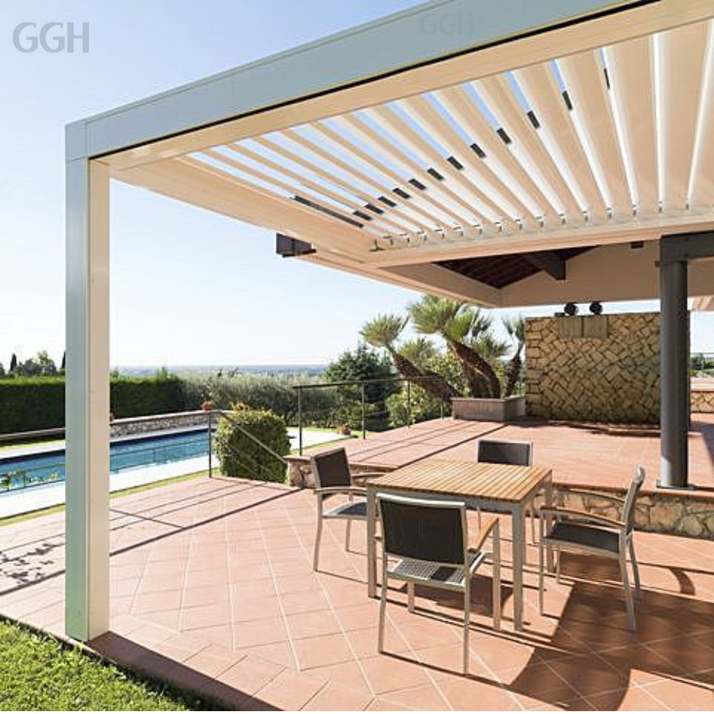 GGH Outdoor Gazebos Pergola Canopy Solar Power Aluminum Slatted Roof Pergola Alloy Motorized Pergola with Lights