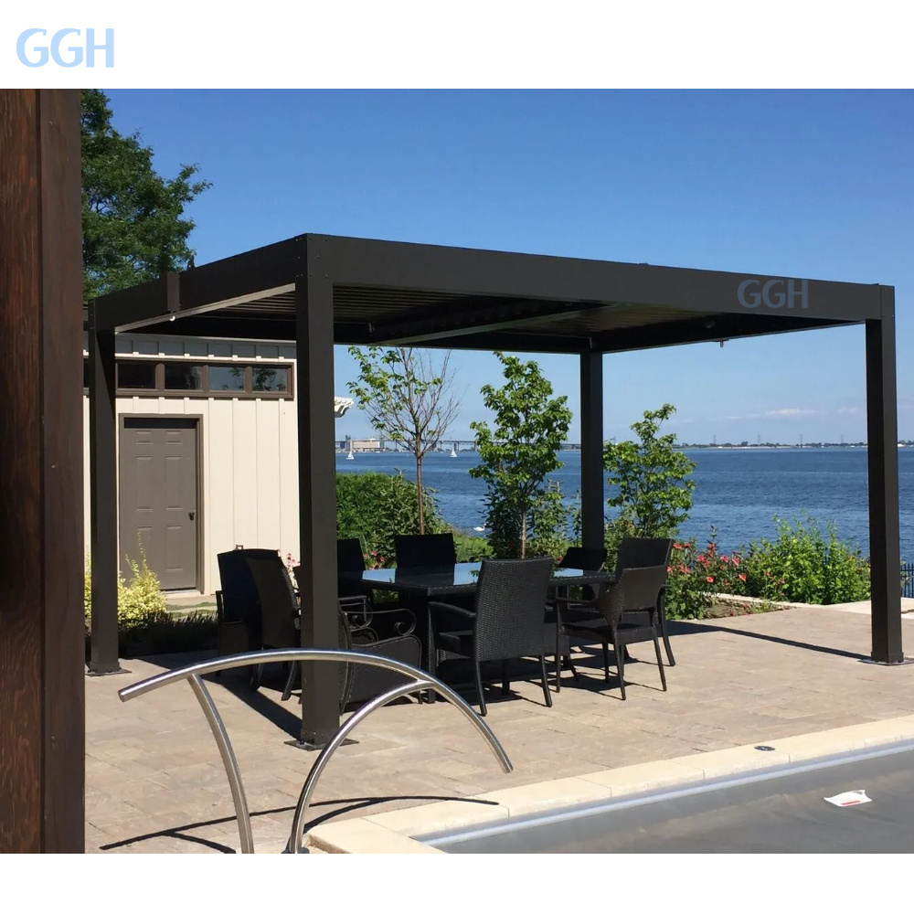 GGH Outdoor Gazebos Pergola Canopy Solar Power Aluminum Slatted Roof Pergola Alloy Motorized Pergola with Lights