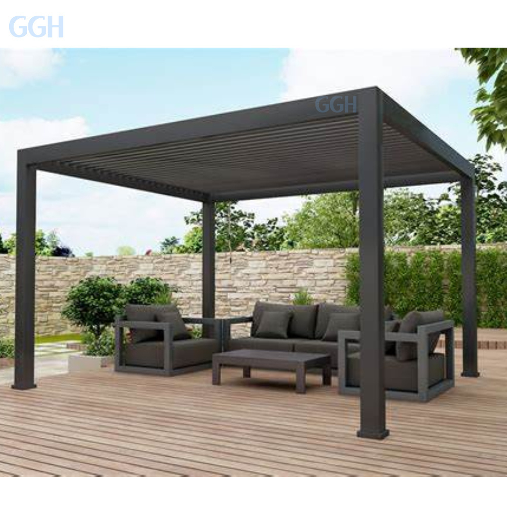 GGH Outdoor Gazebos Pergola Canopy Solar Power Aluminum Slatted Roof Pergola Alloy Motorized Pergola with Lights