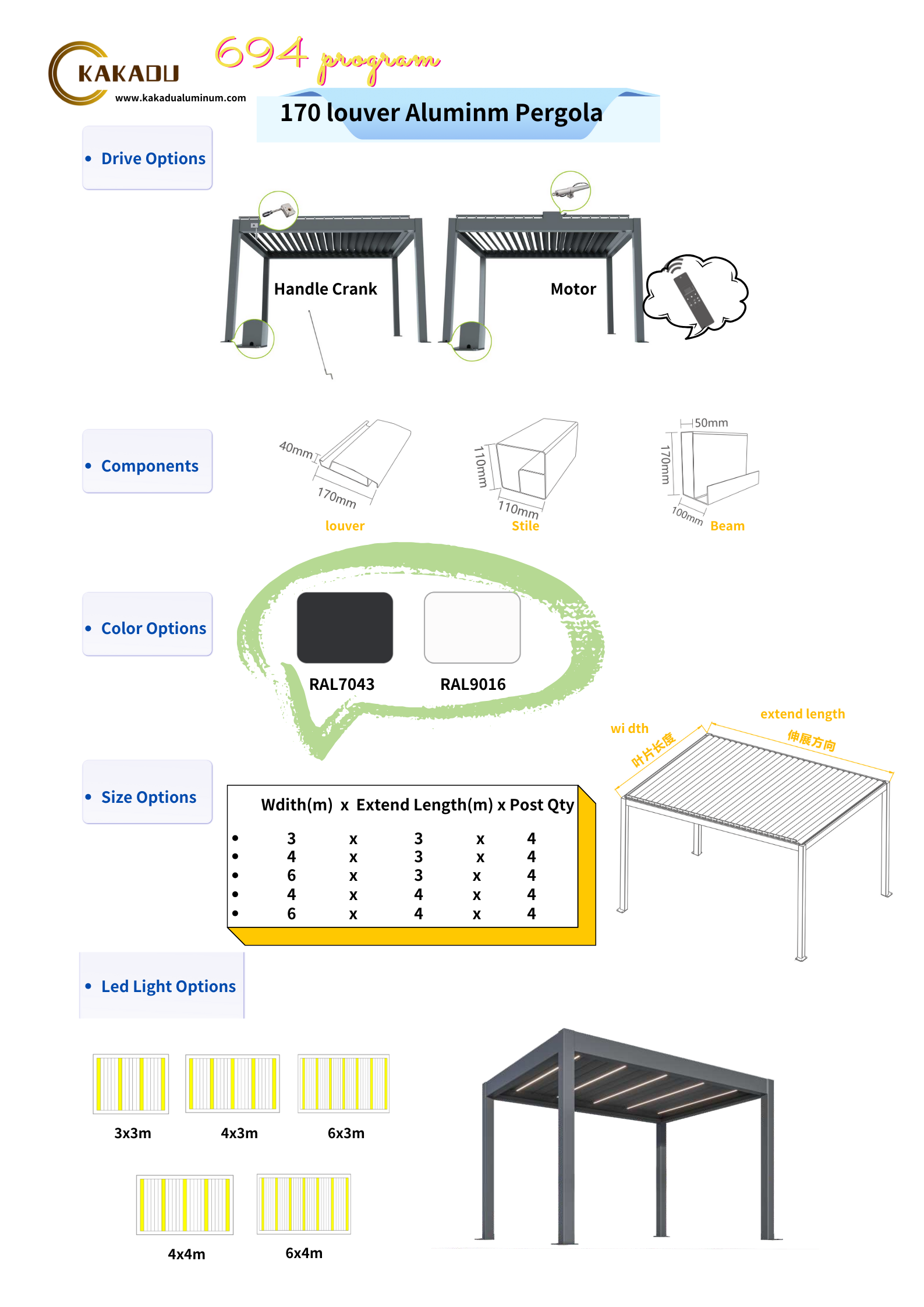 KAKADU Outdoor Aluminum Electric Pergola Canopy System Wall-Mounted Rodent-Proof Pavilion Gazebo Brackets