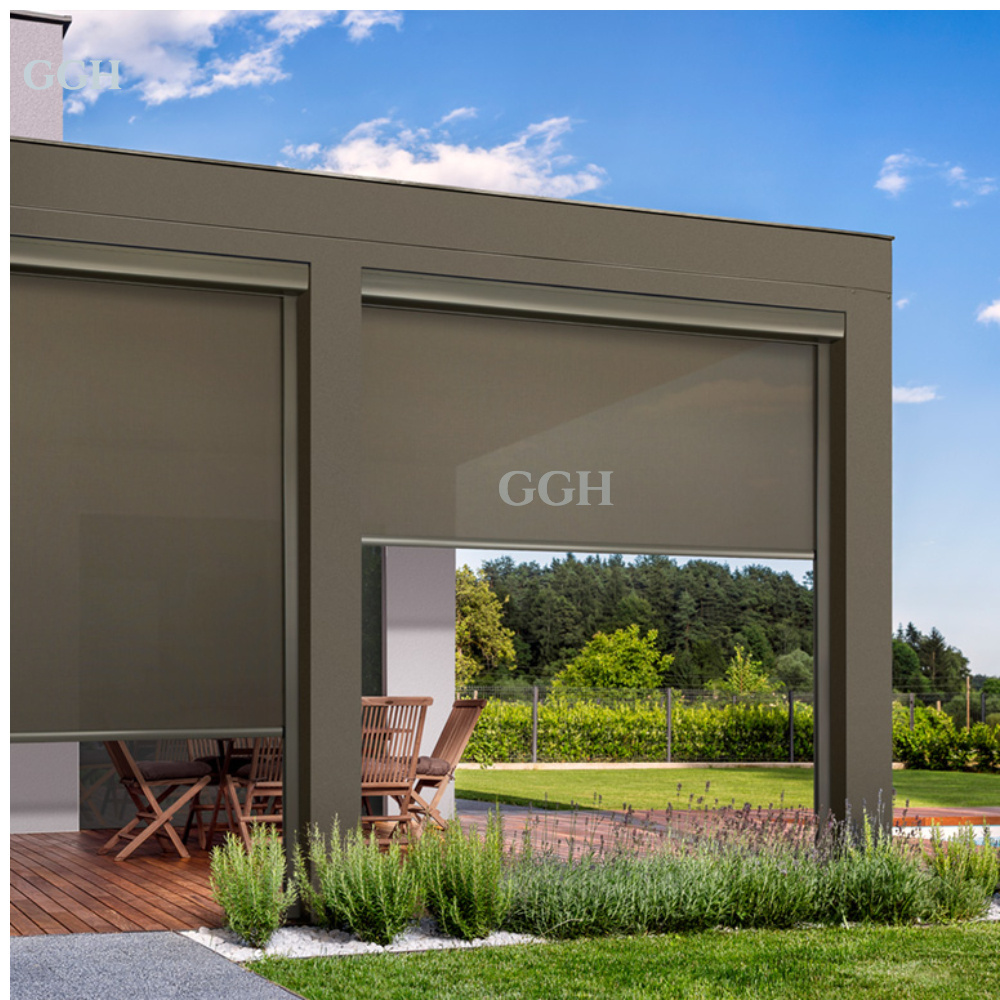 GGH Solar Outdoor Blinds Retractable Transparent Outdoor Blinds Motorized Mesh Outdoor Blinds