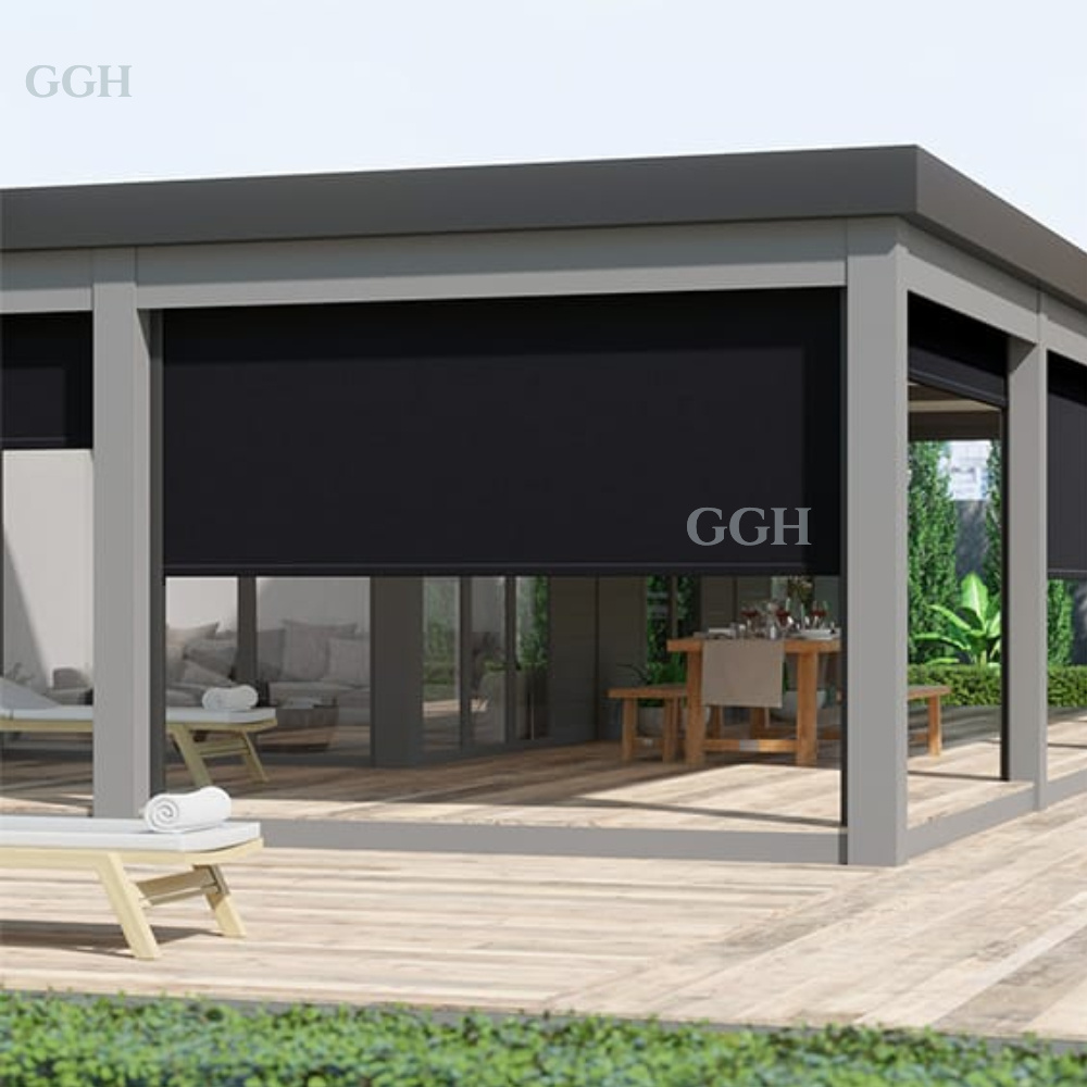 GGH Solar Outdoor Blinds Retractable Transparent Outdoor Blinds Motorized Mesh Outdoor Blinds