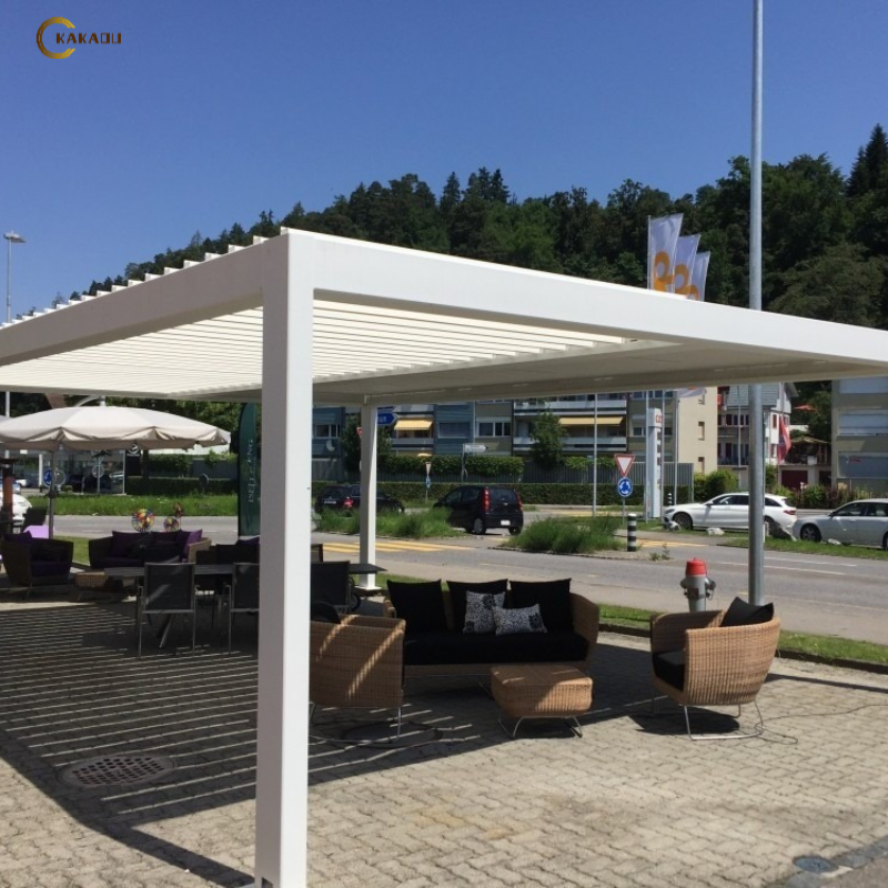 KAKADU Outdoor Motorized Bioclimatic Black Pergola Waterproof Aluminum Arbour with Grey Acrylic Remote Operation in Black White