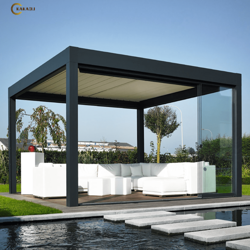 KAKADU Outdoor Motorized Bioclimatic Black Pergola Waterproof Aluminum Arbour with Grey Acrylic Remote Operation in Black White