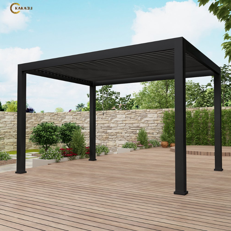 KAKADU Outdoor Motorized Bioclimatic Black Pergola Waterproof Aluminum Arbour with Grey Acrylic Remote Operation in Black White