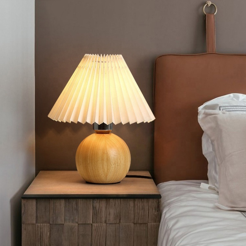 Fashion Decorative Home Lighting Bedroom Solid Wood Fabric art  Pleated lamp shade LED Table Lamp