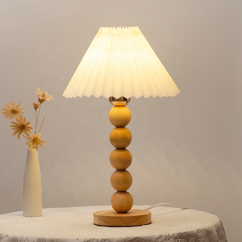 Hot Sale Decorative Lighting LED E27 Bulb Bedroom Solid Wood Pleated Lamp Shade Wooden Table Lamp