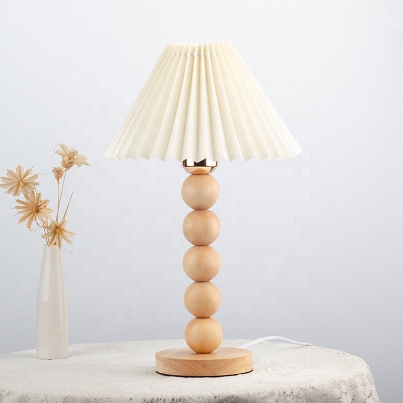 Hot Sale Decorative Lighting LED E27 Bulb Bedroom Solid Wood Pleated Lamp Shade Wooden Table Lamp