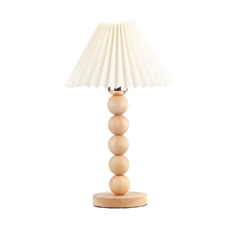 Hot Sale Decorative Lighting LED E27 Bulb Bedroom Solid Wood Pleated Lamp Shade Wooden Table Lamp