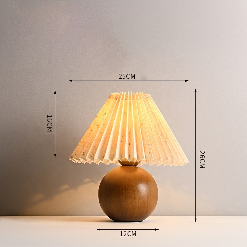 Nordic Style Vintage Pleated Lamp Shade Bedroom Table Lamp Hot Sale Japanese Wooden Bedside Lamp