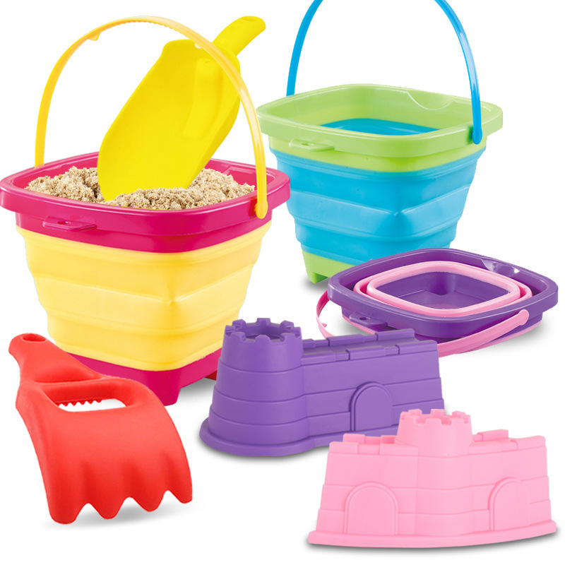 Portable 2 L Square Folding Water Bucket with mold shovel and pails 5pcs Silicone set toy Snow And Beach Outdoor Toy