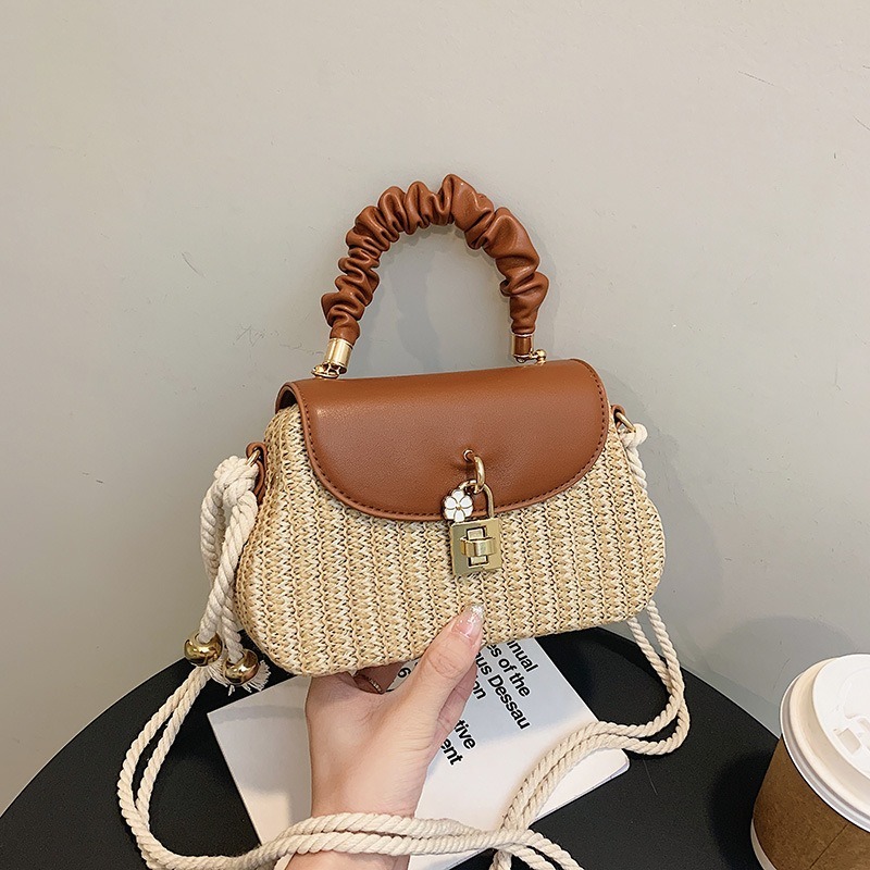 KALANTA 2023 Designer Lock Straw Splice PU Leather Shoulder Bag Summer Straw Woveing Beach bags for Women Woven Handbag Ladies