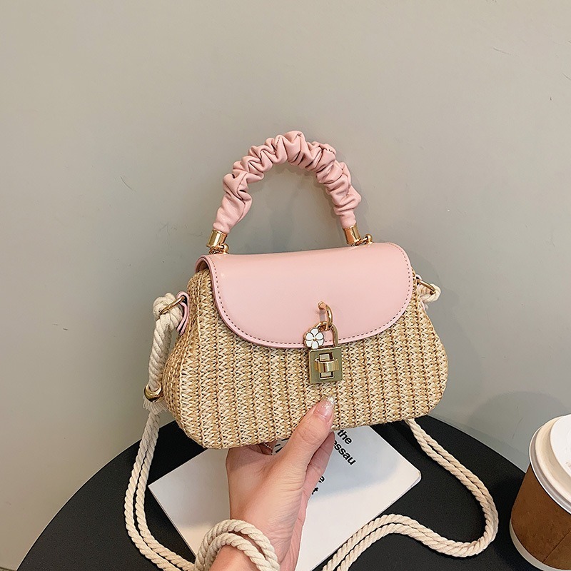 KALANTA 2023 Designer Lock Straw Splice PU Leather Shoulder Bag Summer Straw Woveing Beach bags for Women Woven Handbag Ladies