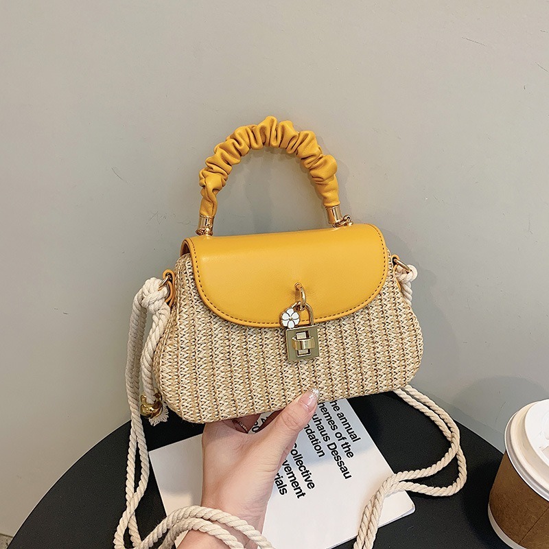 KALANTA 2023 Designer Lock Straw Splice PU Leather Shoulder Bag Summer Straw Woveing Beach bags for Women Woven Handbag Ladies