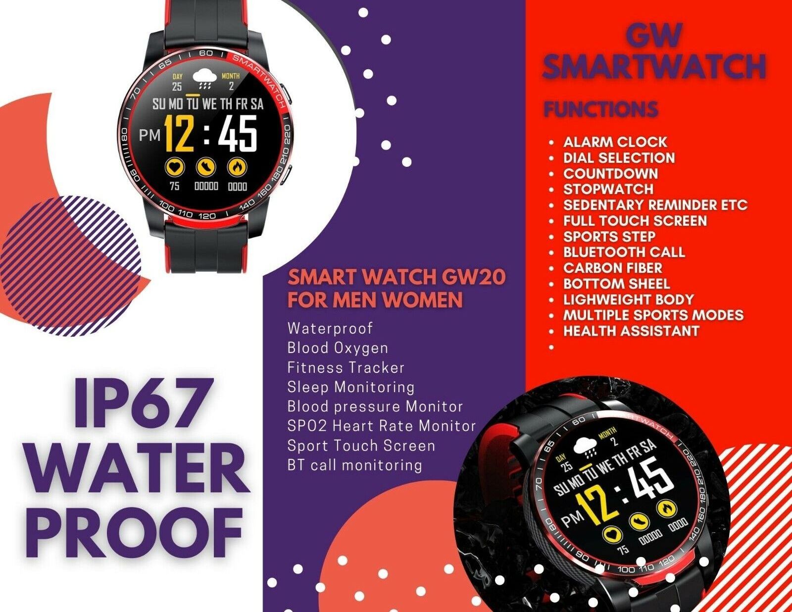 GW20 Smartwatch BT Call & Heart Rate Blood Oxygen Monitor FitnessTracker