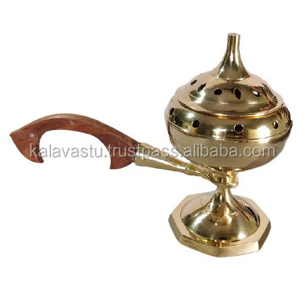 Generic Brass Incense Resin Burner with wooden handle Lobaan and Bakhoor Burner Hand Crafted