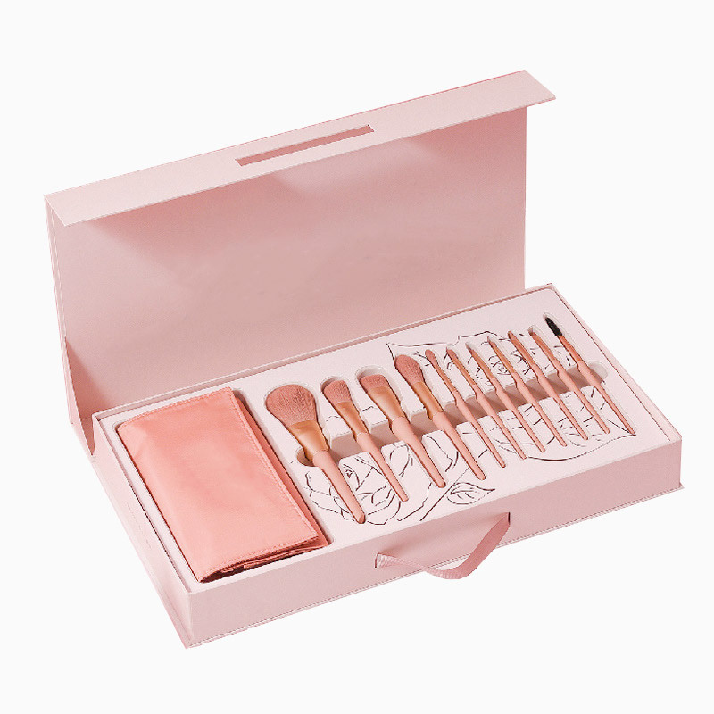 Magnetic flat top 10pcs pink eye brush kit gift box makeup brush set packaging with bag for cosmetic brush