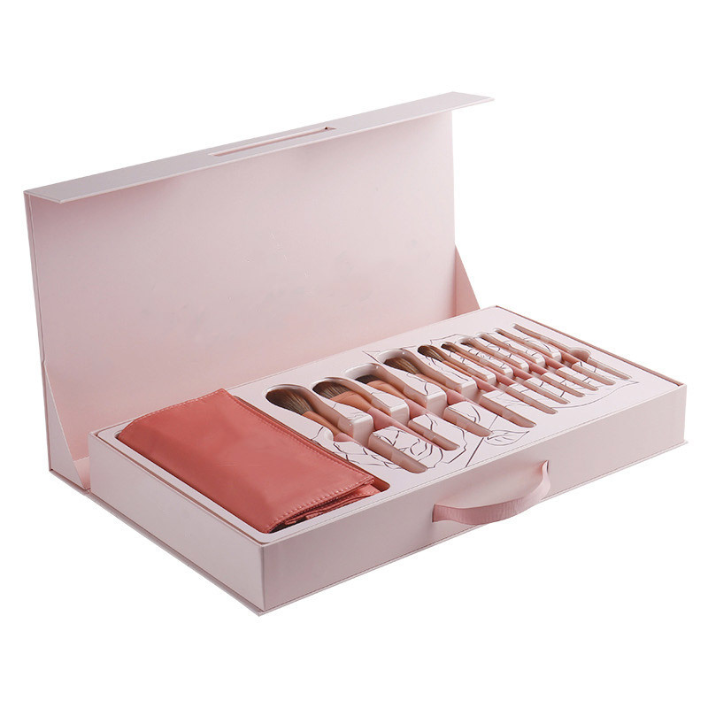 Magnetic flat top 10pcs pink eye brush kit gift box makeup brush set packaging with bag for cosmetic brush