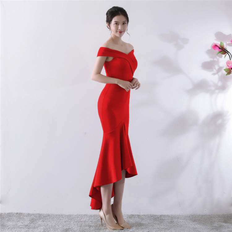 1327# Bride Red Mid-long Marriage Korean Dresses Slim Evening Dresses formal Prom Gowns for beauty contest