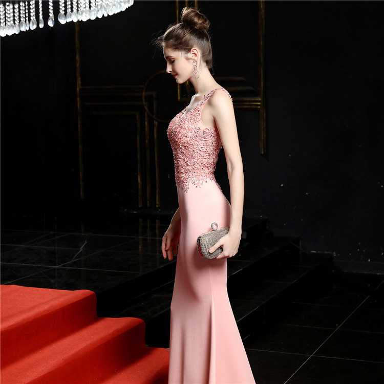 16158 #pink Hand-made beads toast bride's long wedding evening dress ladies laces dress formal Prom Gowns for beauty contest